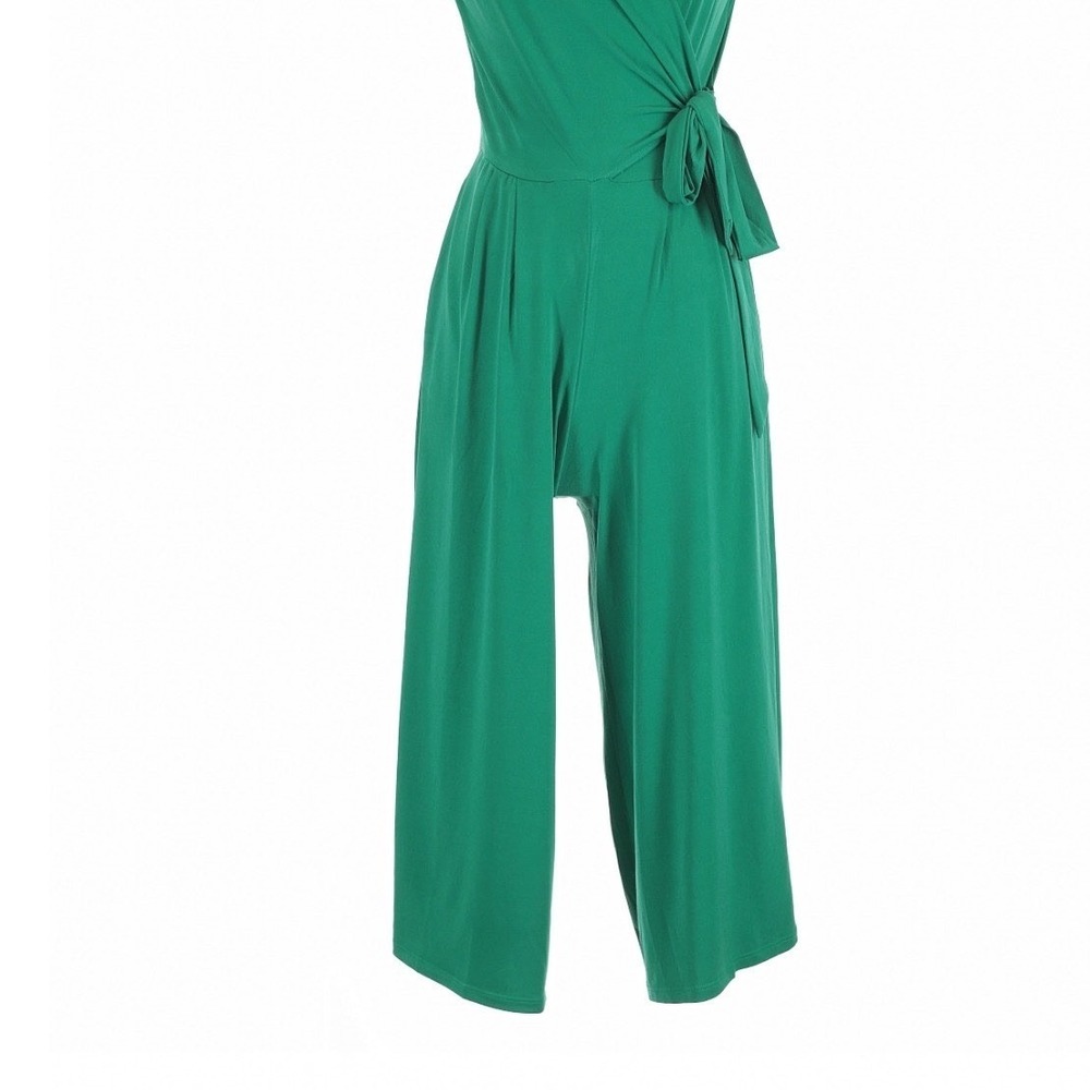 Nina Leonard Kelly Green Wrap Tie Waist Wide Leg Jumpsuit Small Resort - Picture 3 of 9